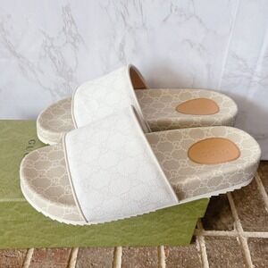 Gucci GG Supreme Monogram Demetra Logo Men Slide Sandal White Canvas US 11.5